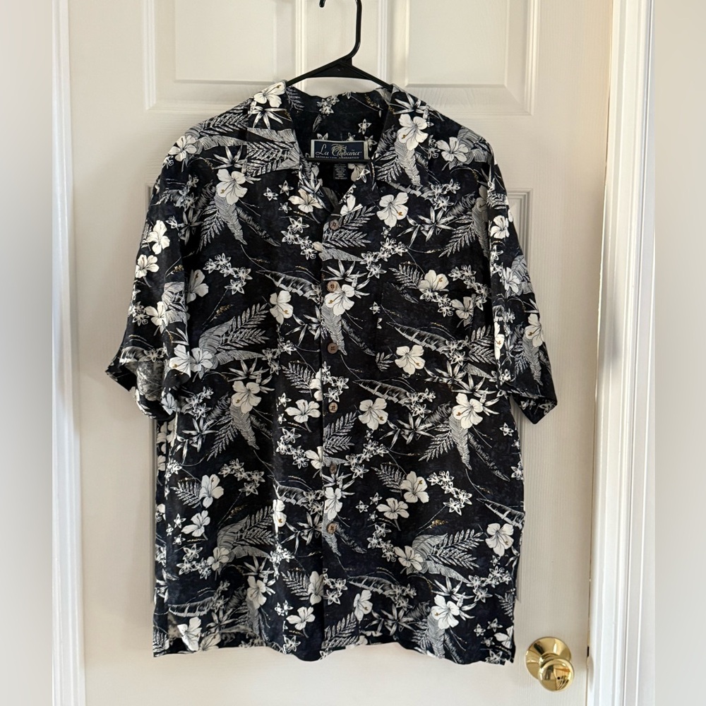 Men’s Linen Blend La Cabana Hawaiian Floral Shirt Navy‎ Blue Size XL